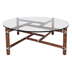 Used McGuire Funiture San Francisco Round Glass Top Coffee Table with Rawhide Straps