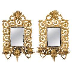 Pair of French Antique Baroque Style Brass Girandole wall Mirrors, 19th Century