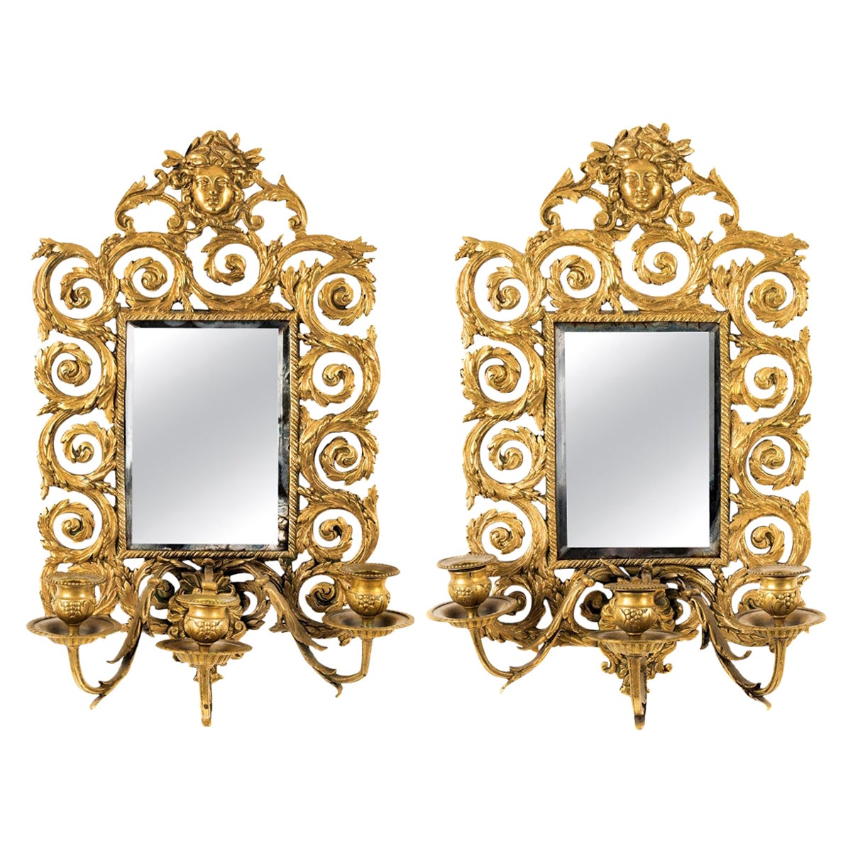 Pair of French Antique Baroque Style Brass Girandole Wall Mirrors, 19th Century For Sale