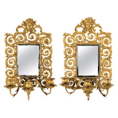 Pair of French Antique Baroque Style Brass Girandole Wall Mirrors, 19th Century