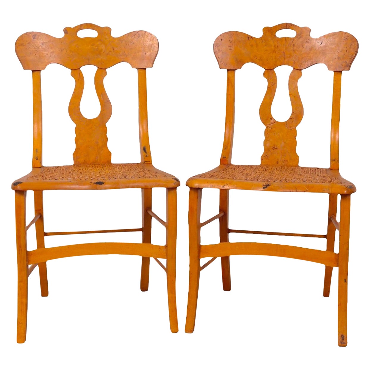 Antique Burlwood Caned Chairs, Pair