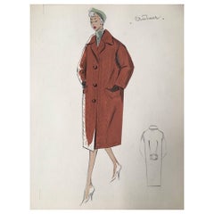 Retro Lady in 1950's Brown Over Coat Parisian Fashion Illustration Sketch