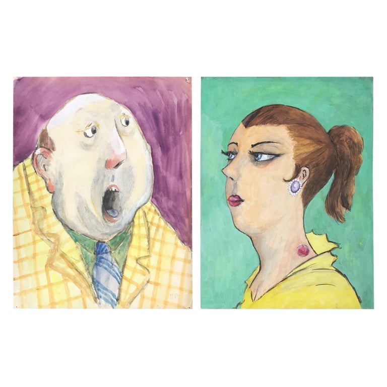 Pair of French Character Portraits, Purple and Green Backgrounds For Sale  at 1stDibs