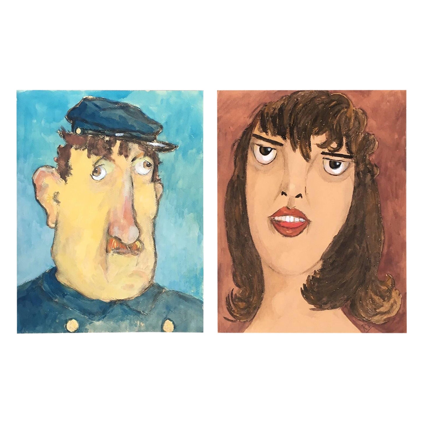 Pair of French Character Portraits, Blue and Brown Backgrounds For Sale