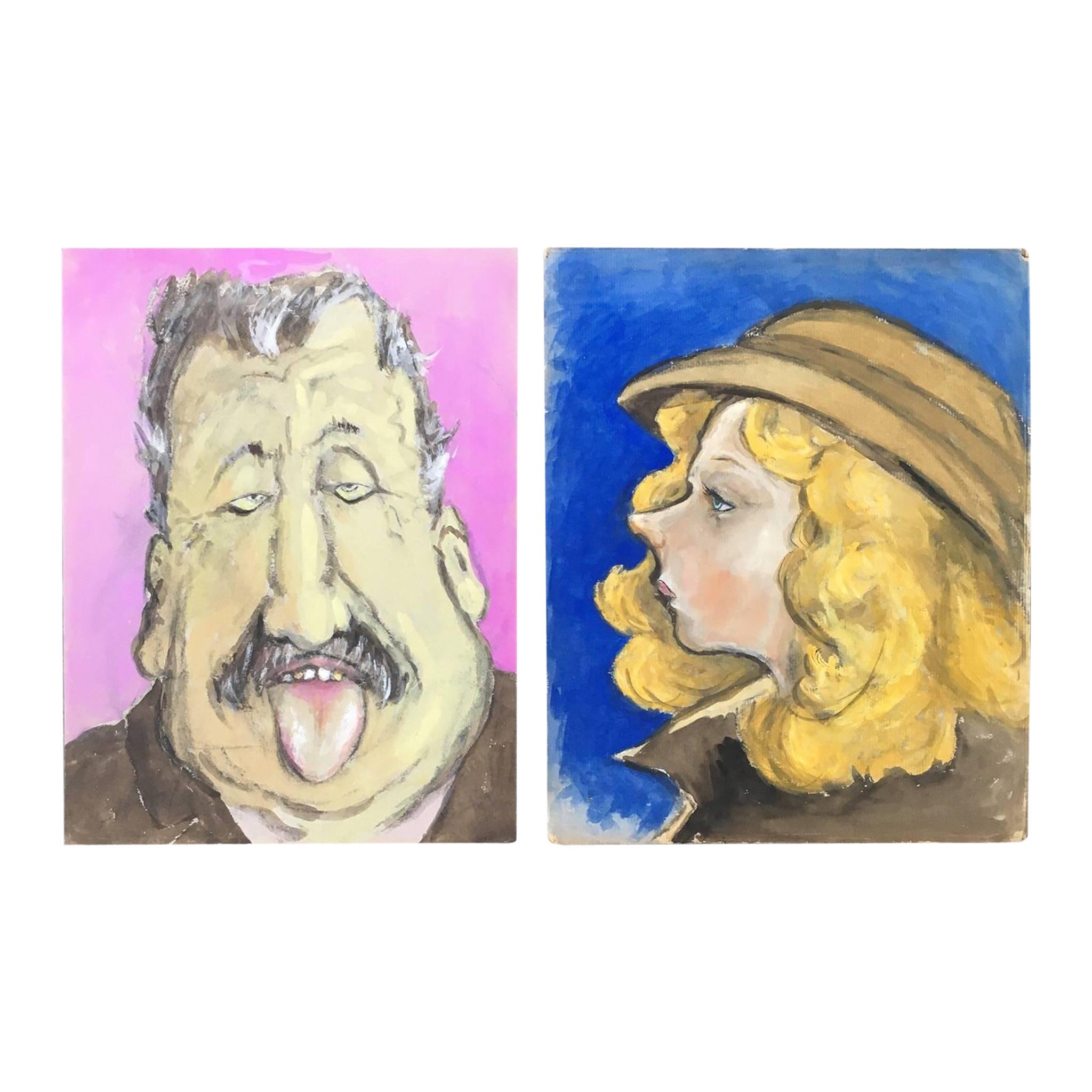 Pair of French Character Portraits, Pink and Blue Backgrounds For Sale
