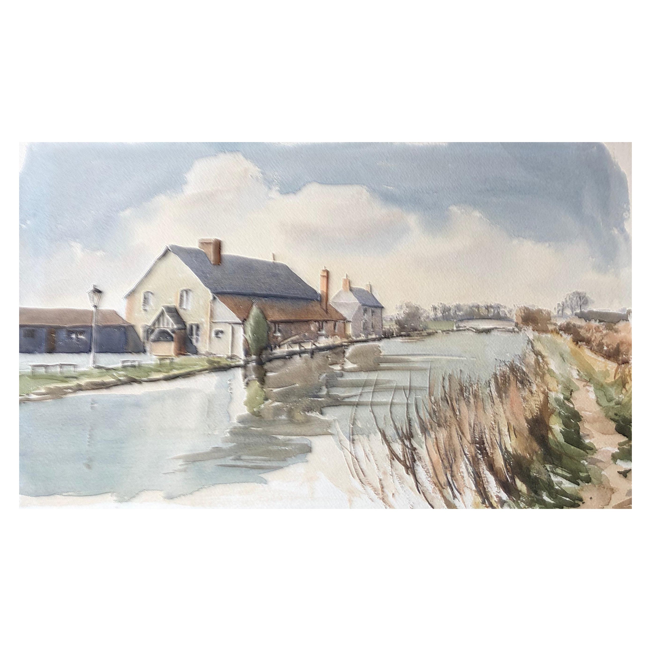 Canal Scene with Houses, Original British Watercolour Painting For Sale