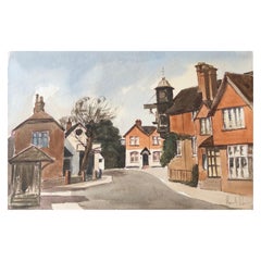 Torre del Reloj, Ciudad Inglesa, Firmado Pintura Original Acuarela Británica