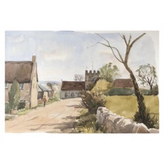 Peinture à l'aquarelle britannique originale de Dinton Church