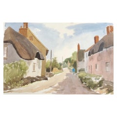 Used Thatched Cottages Rural Street, Original British Watercolour Painting