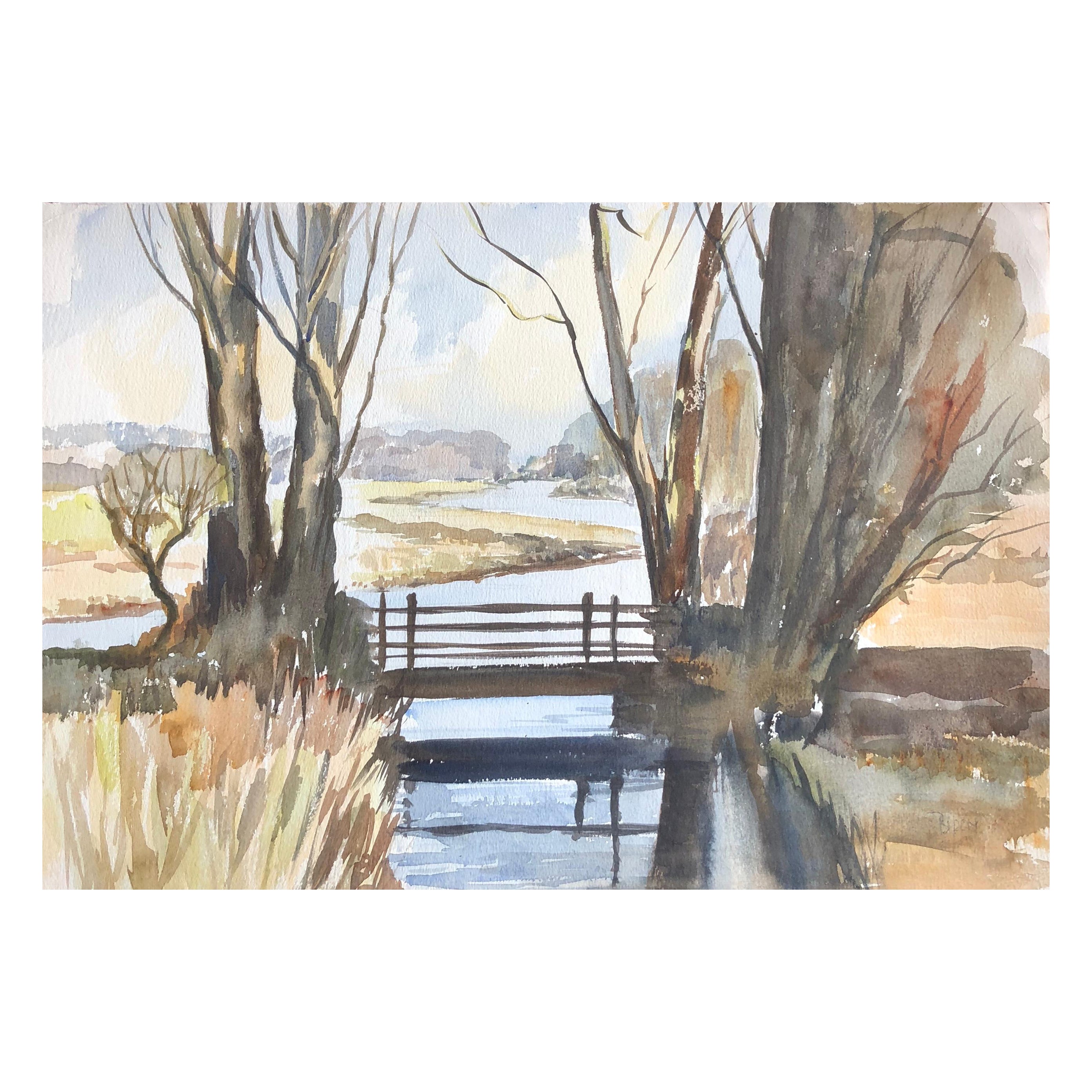 Peinture à l'aquarelle originale britannique du pont de la rivière River, signée en vente