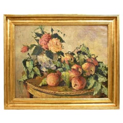 Peinture de nature morte, Pot de fleurs avec roses et fruits, peinture à l'huile sur toile