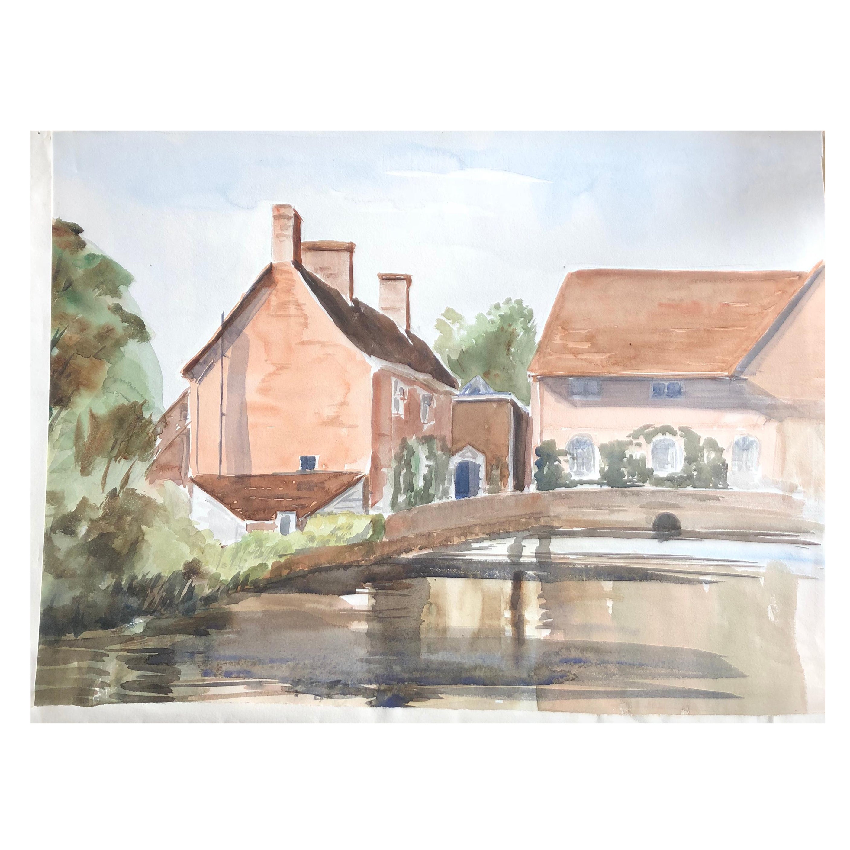 Scène du pont du village britannique, peinture à l'aquarelle originale en vente