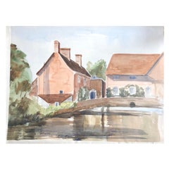 Scène du pont du village britannique, peinture à l'aquarelle originale