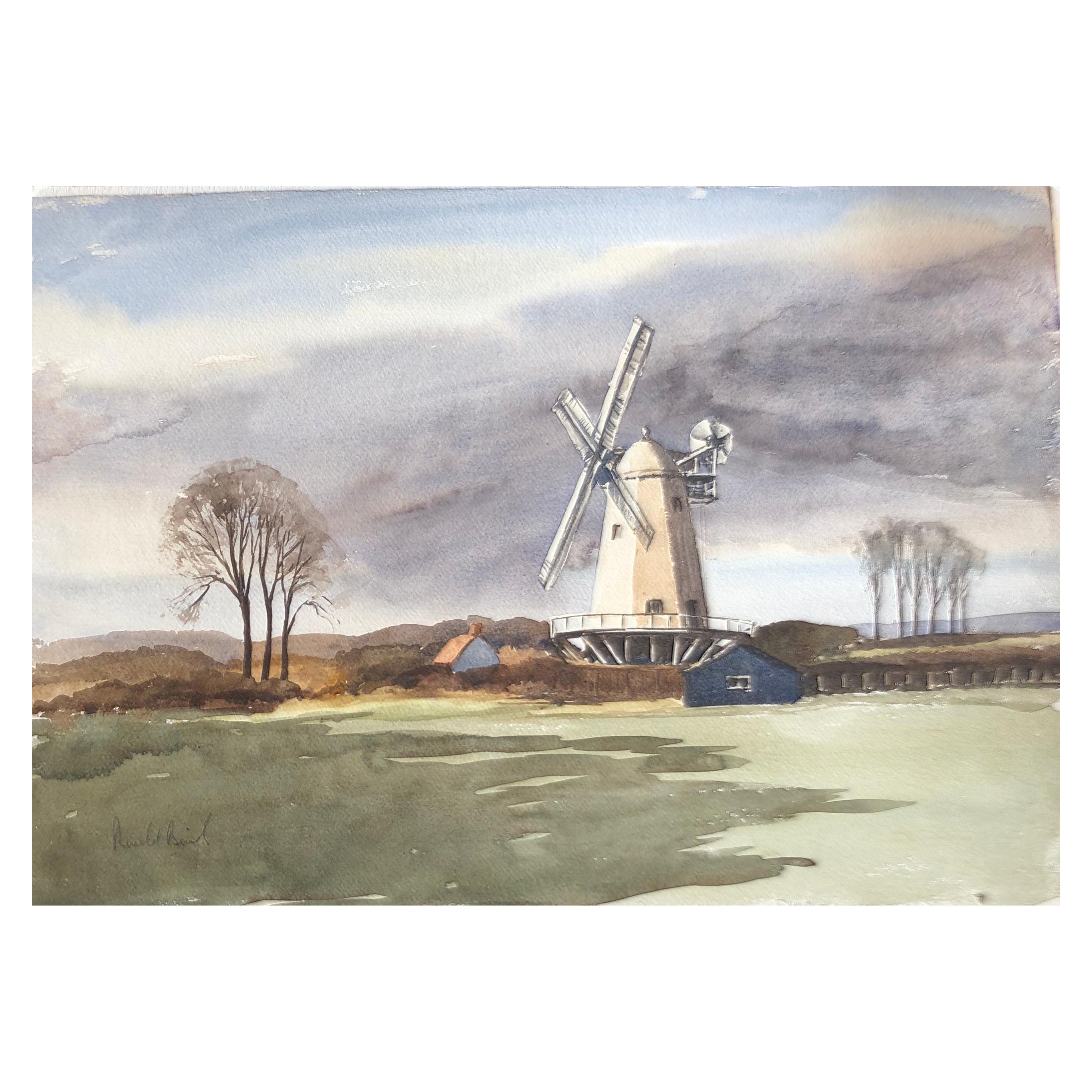 Peinture aquarelle britannique originale de Shipley Mill, signée