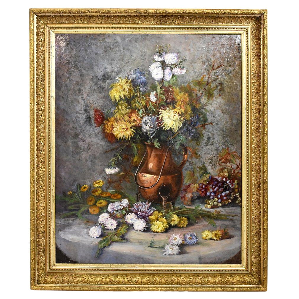 Pintura antigua de flores, Dalias y crisantemos, Óleo sobre lienzo, Siglo XIX