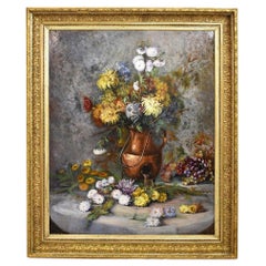 Pittura antica con fiori, dalie e crisantemi, olio su tela, XIX secolo