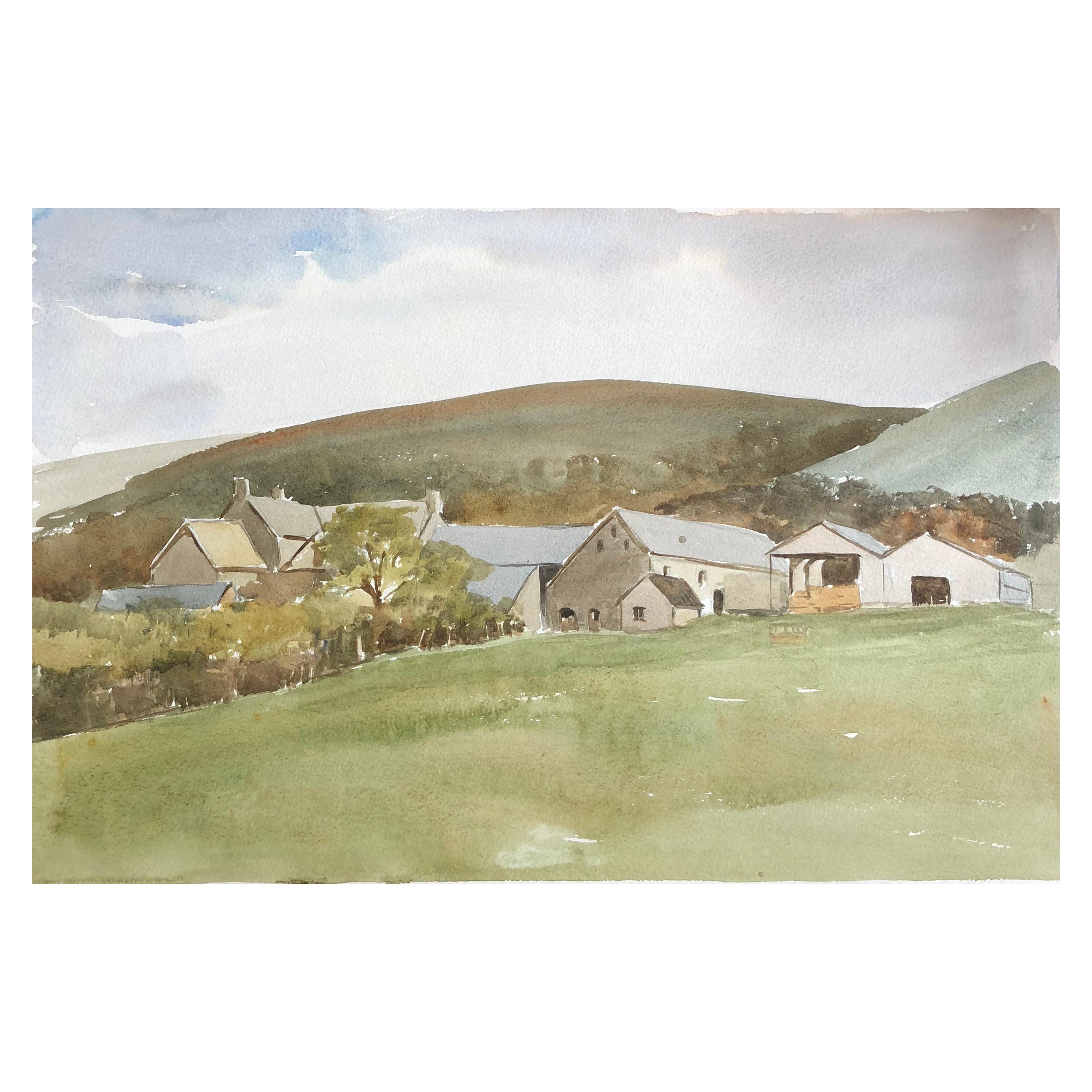 Old Farm Buildings at Carrog, Original British Watercolour Painting For Sale