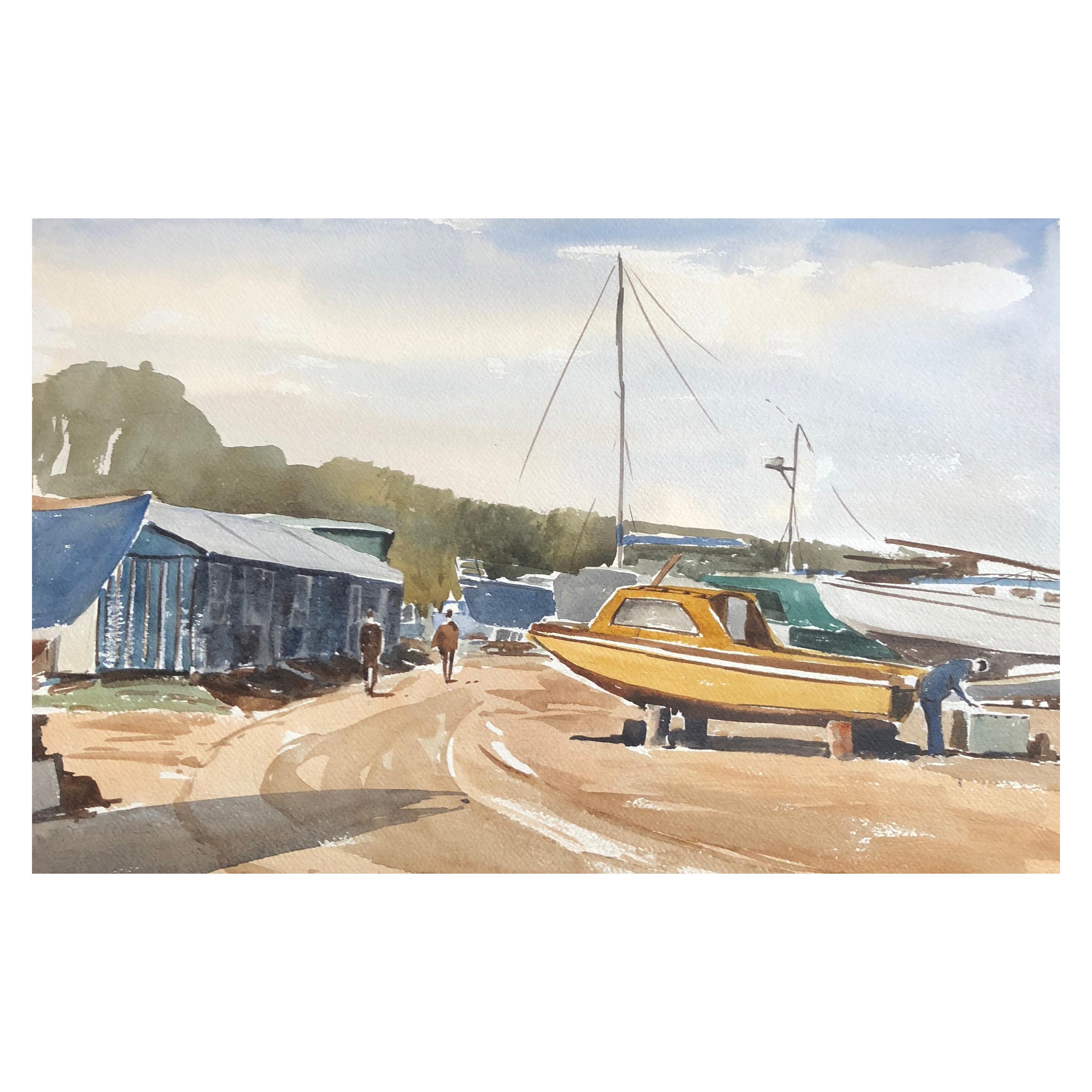 River Yar Boatyard, Original British Watercolour Painting For Sale