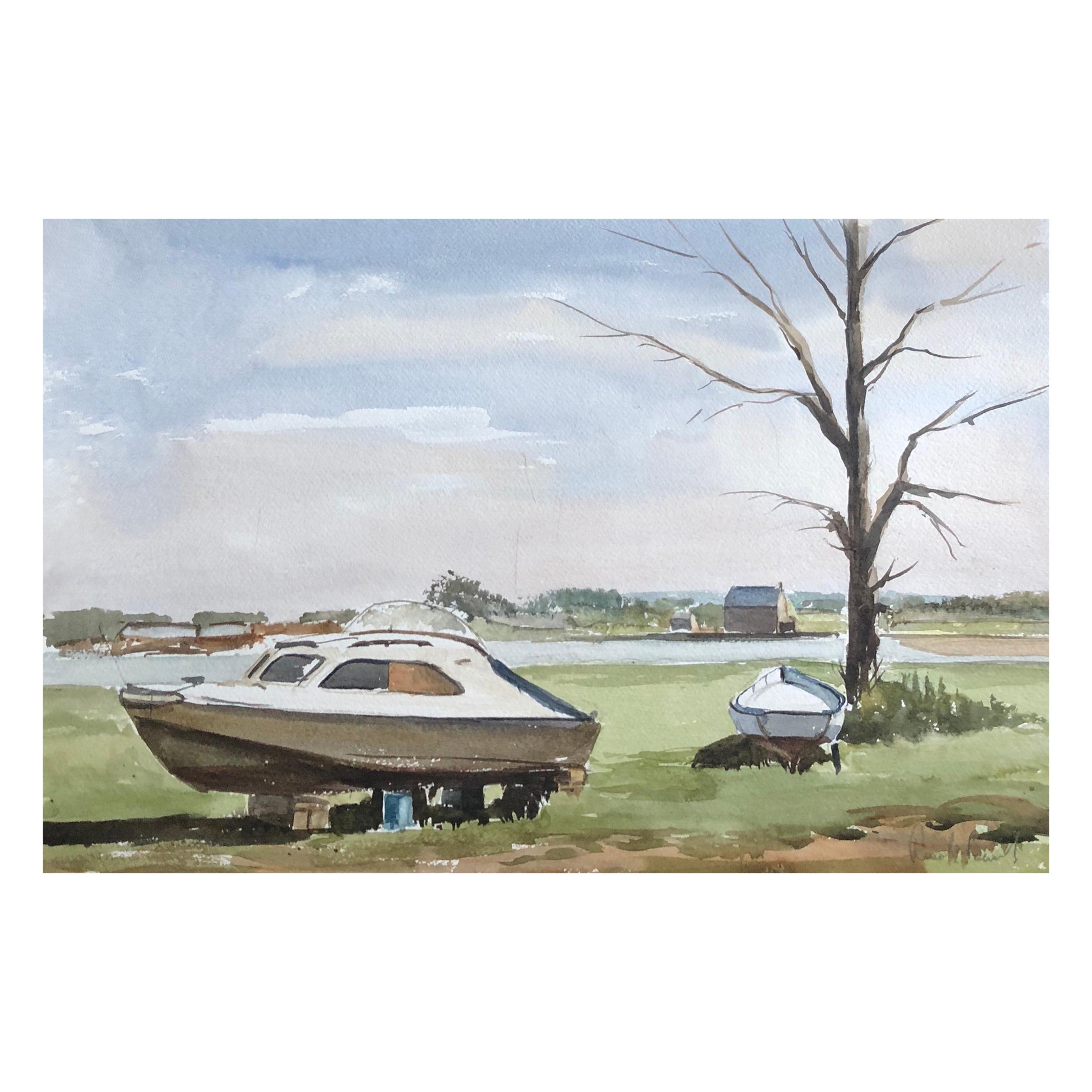 Edge of the Boatyard Yarmouth, peinture à l'aquarelle britannique originale signée