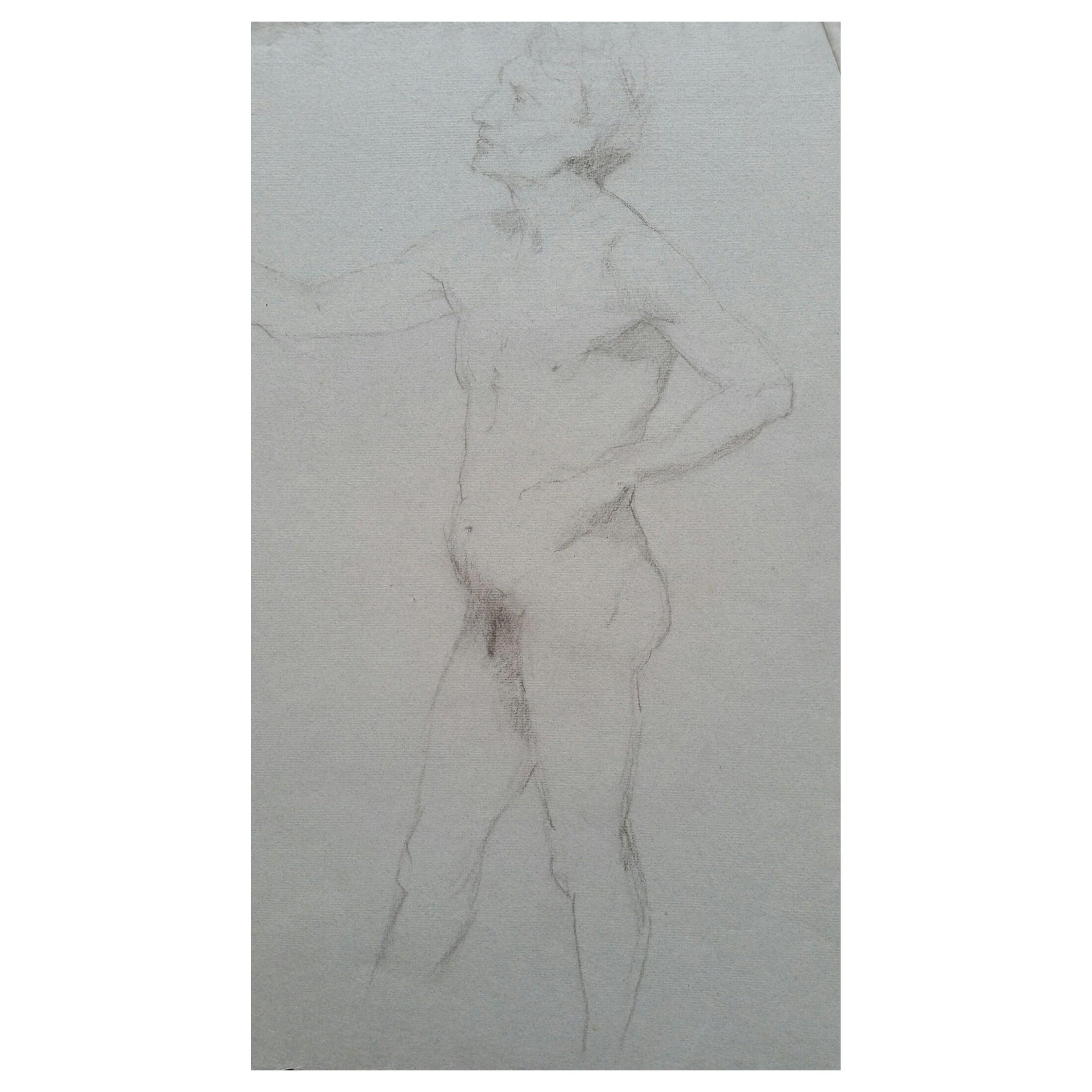 English Graphite Portrait Sketch of Male Nude, in Profile For Sale