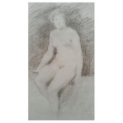 Antique English Graphite Portrait Sketch of Female Nude, Seated