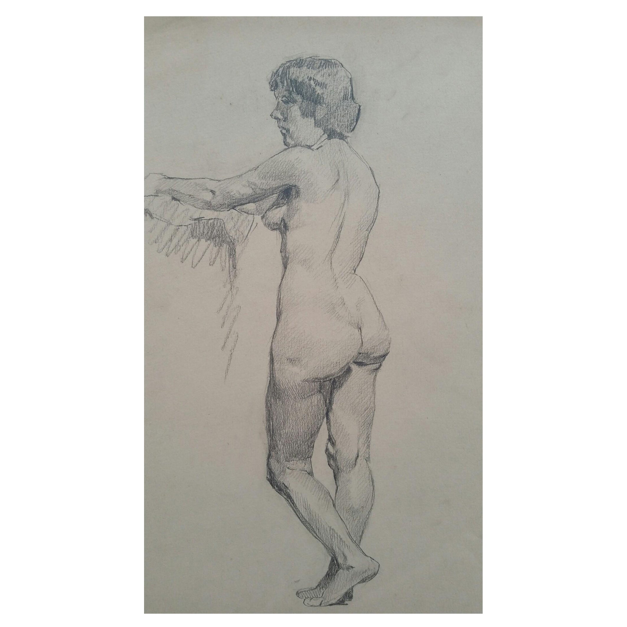 English Graphite Portrait Sketch of Female Nude, Standing For Sale