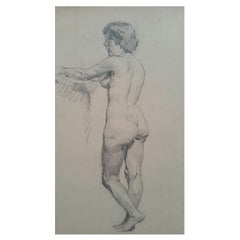 Antique English Graphite Portrait Sketch of Female Nude, Standing