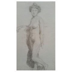 Antique English Graphite Portrait Sketch of Female Nude, Standing
