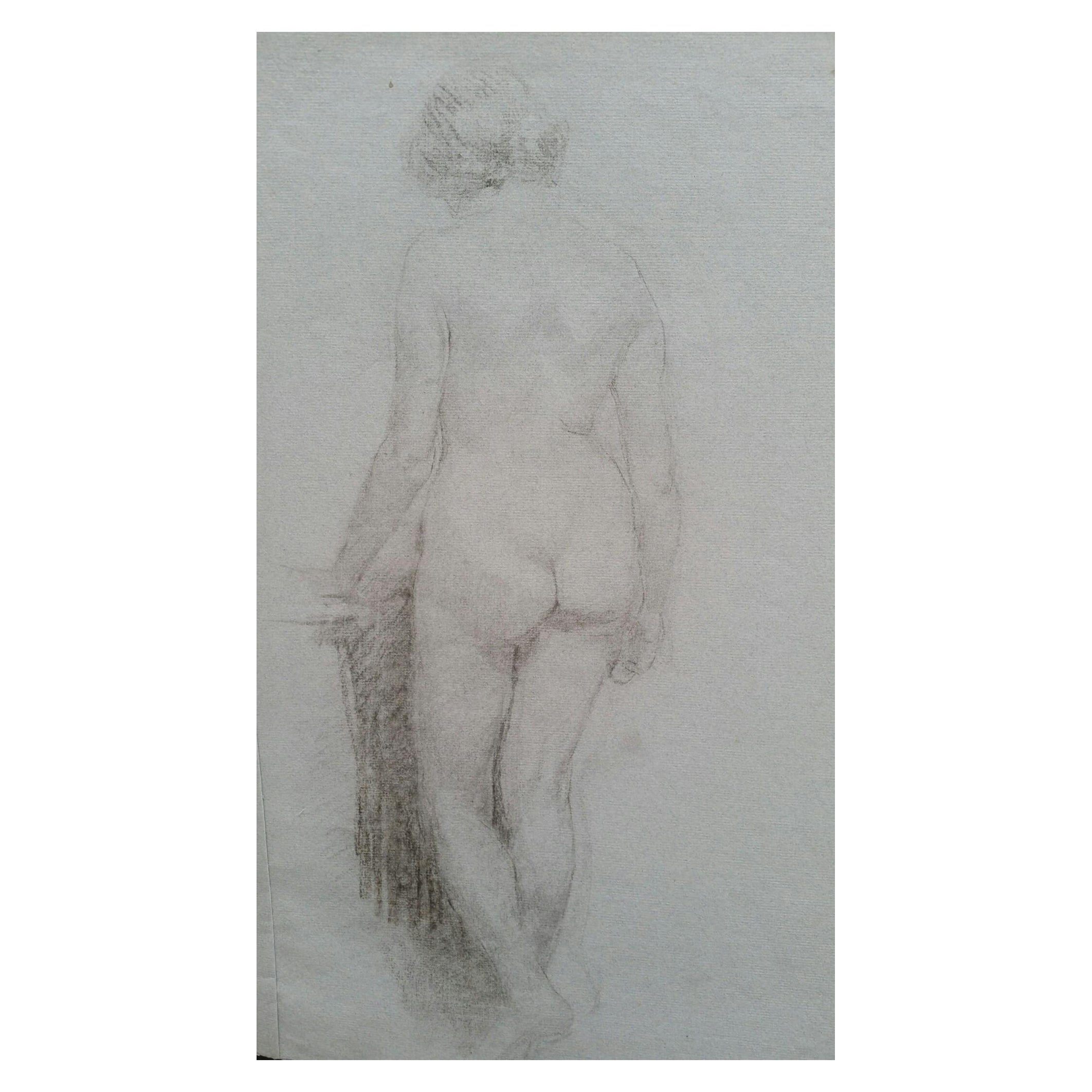 English Graphite Portrait Sketch of Female Nude, Back View For Sale