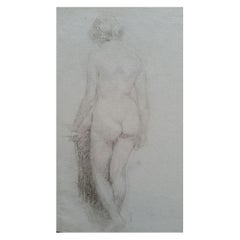 Antique English Graphite Portrait Sketch of Female Nude, Back View