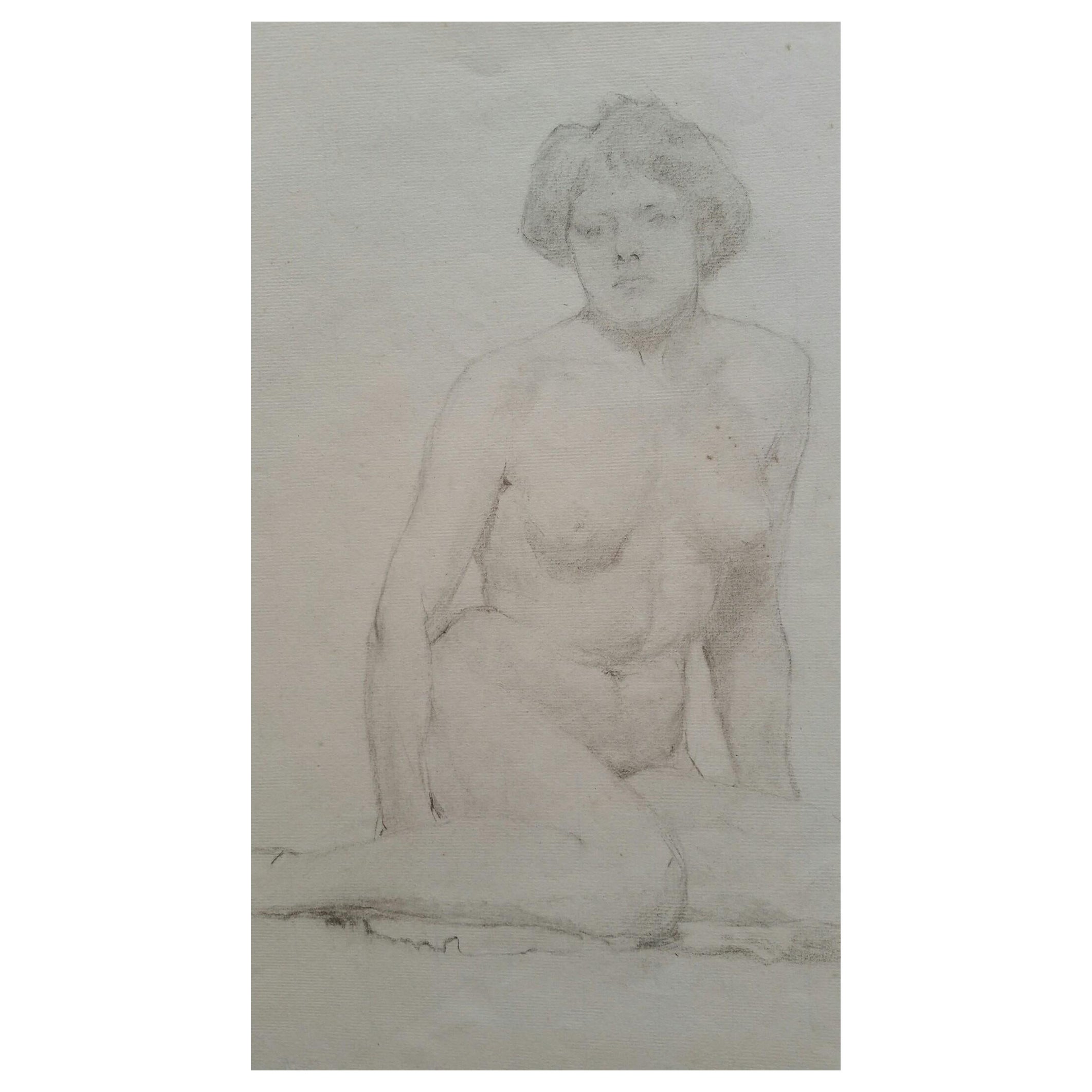 English Graphite Portrait Sketch of Female Nude, Seated