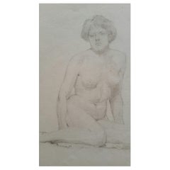 Antique English Graphite Portrait Sketch of Female Nude, Seated