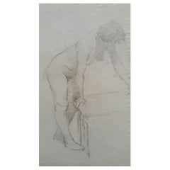 Antique English Graphite Portrait Sketch of Female Nude, Leaning