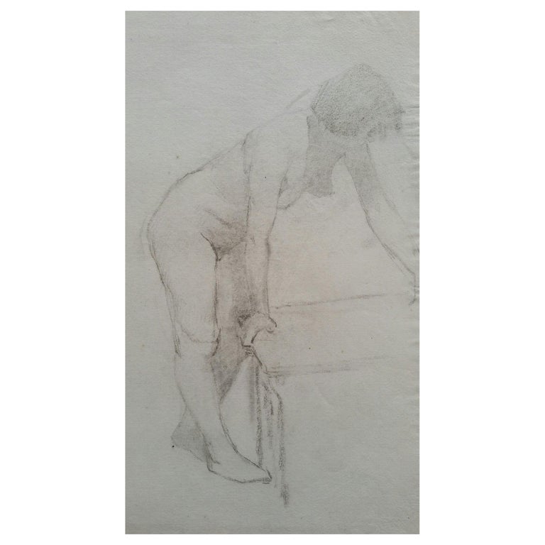 English Graphite Portrait Sketch of Female Nude, Leaning For Sale