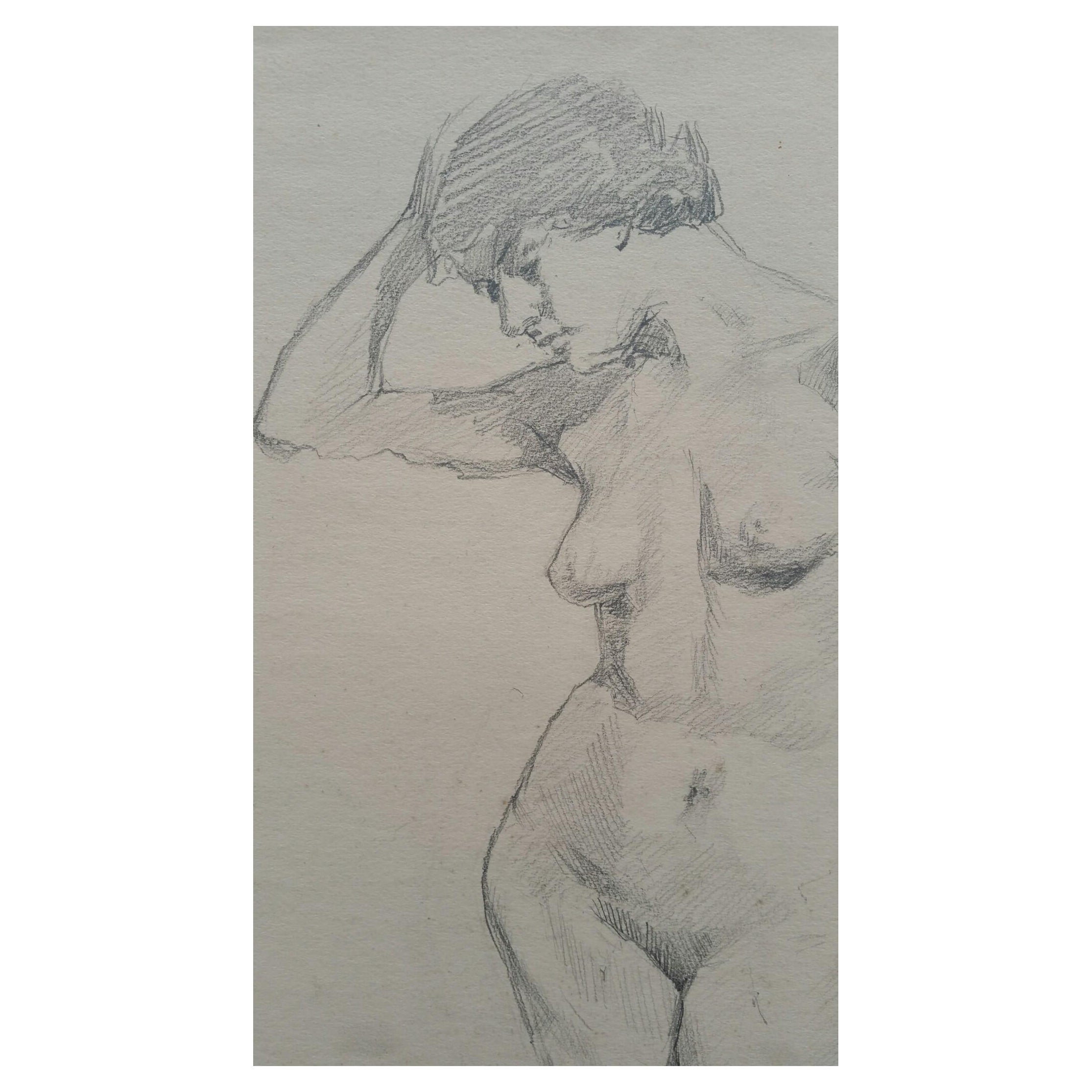Portrait en graphite anglais d'une femme nue, pose tournée vers l'avant en vente