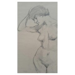 Antique English Graphite Portrait Sketch of Female Nude, Forward Pose