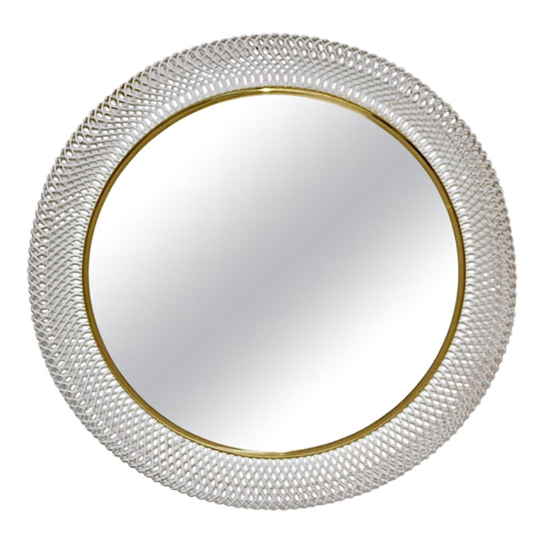 Mid Century Modern Vintage White Metal Mesh Circular Wall Mirror Germany 1960s For Sale
