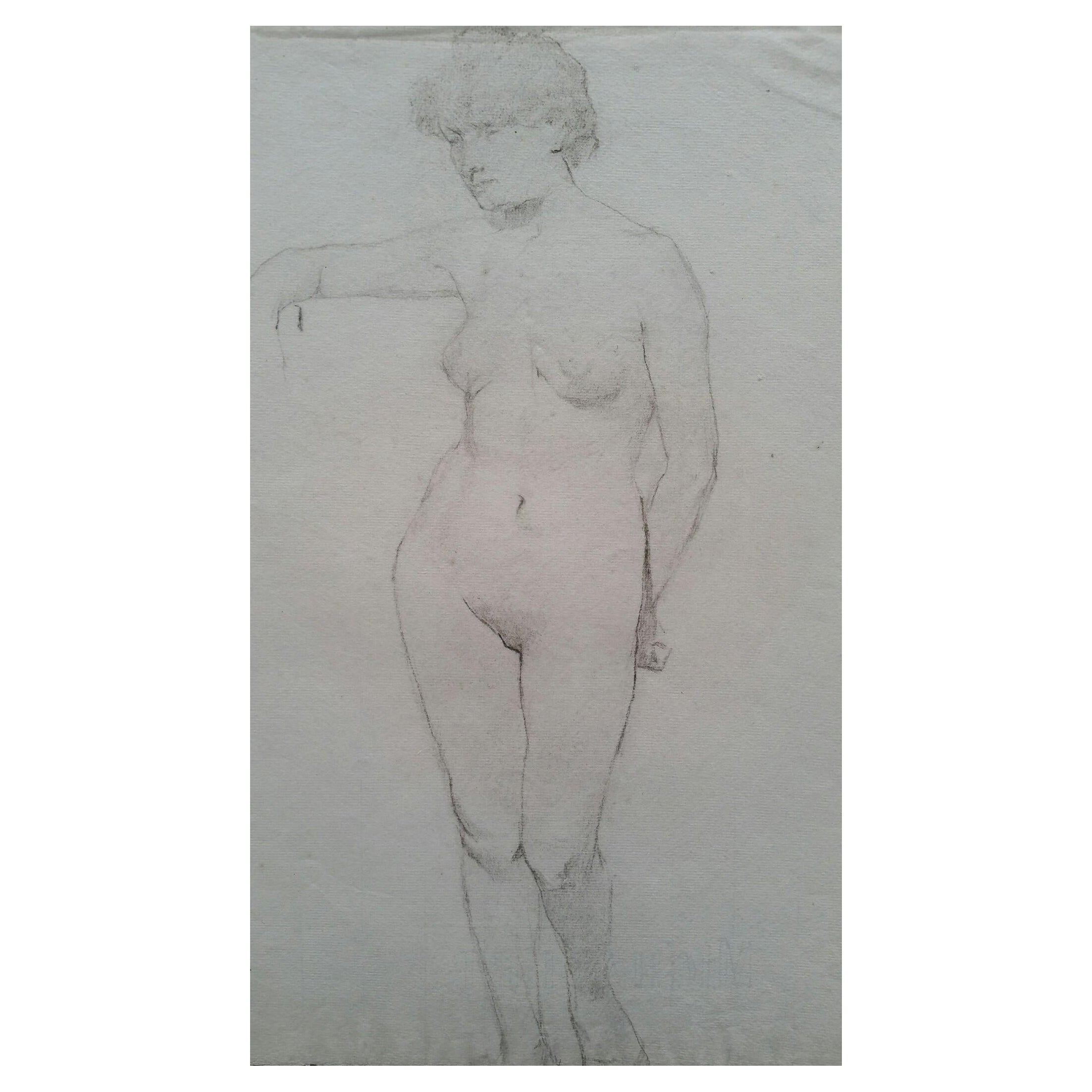 Portrait en graphite anglais d'une femme nue, debout, tournée vers l'avant