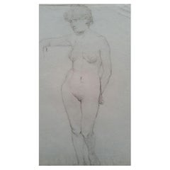 Antique English Graphite Portrait Sketch of Female Nude, Standing Facing