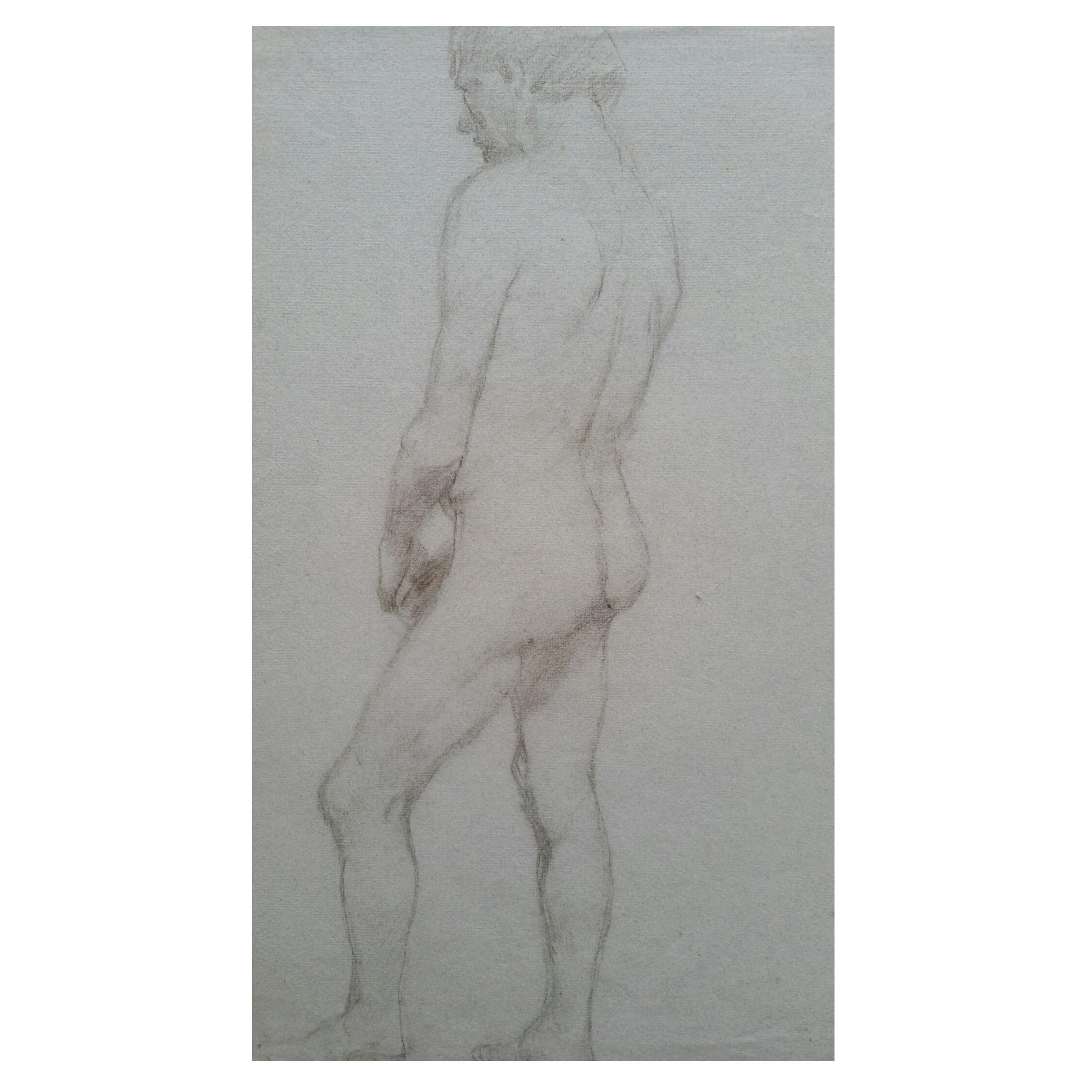 Boceto de retrato inglés en grafito de desnudo masculino, vista posterior