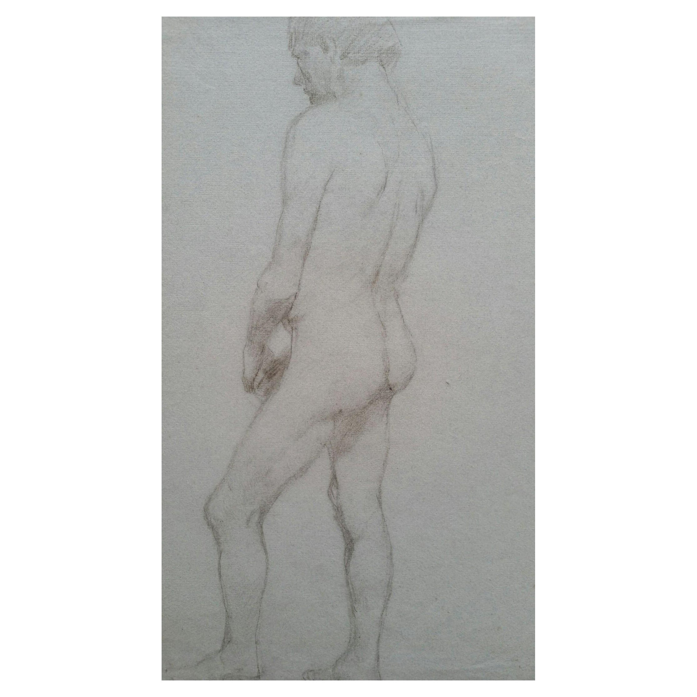 Croquis de portrait en graphite anglais d'un nu masculin, vue d'arrière