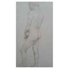 Antique English Graphite Portrait Sketch of Male Nude, Back View