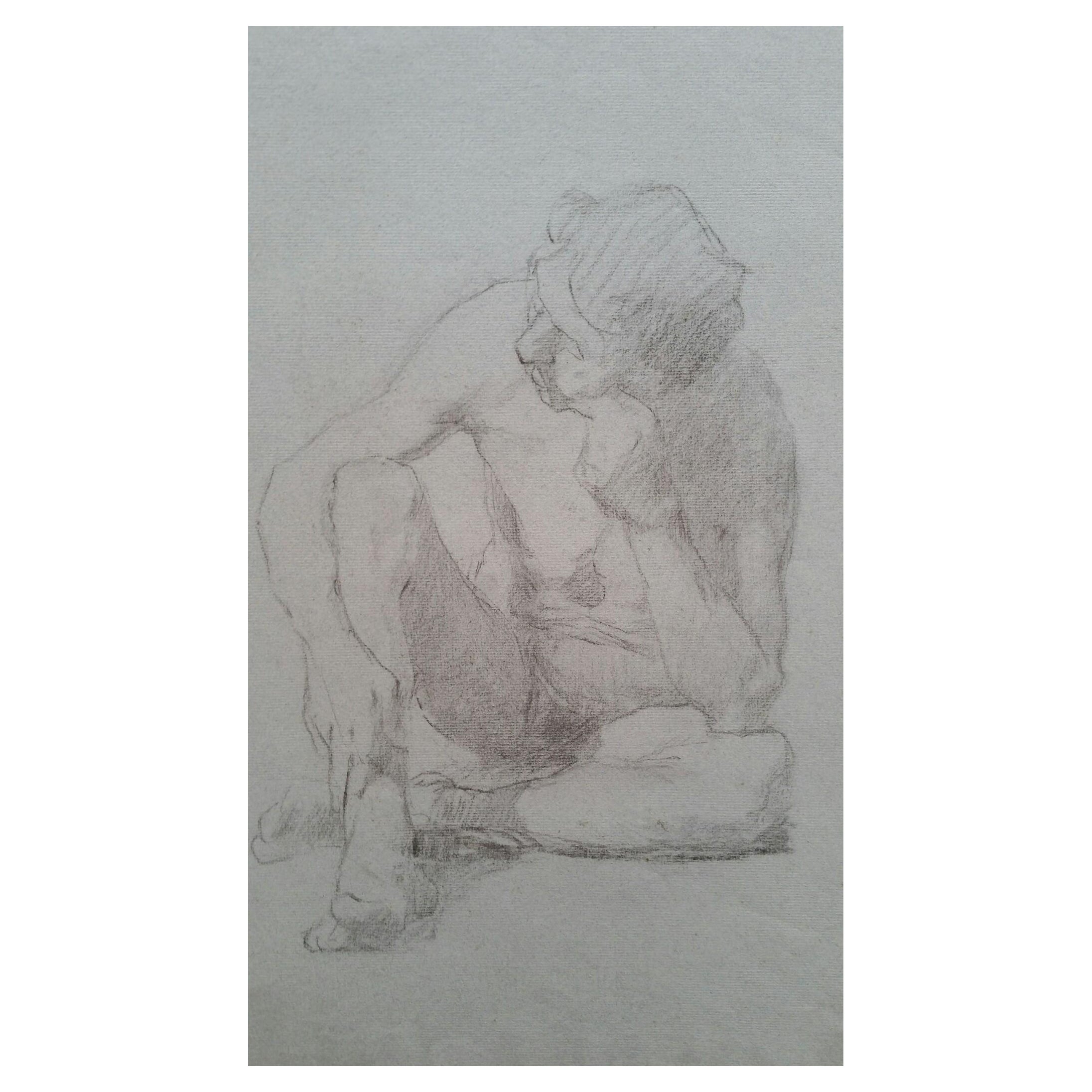 English Graphite Portrait Sketch of Male Nude, Seated For Sale