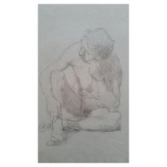 Antique English Graphite Portrait Sketch of Male Nude, Seated