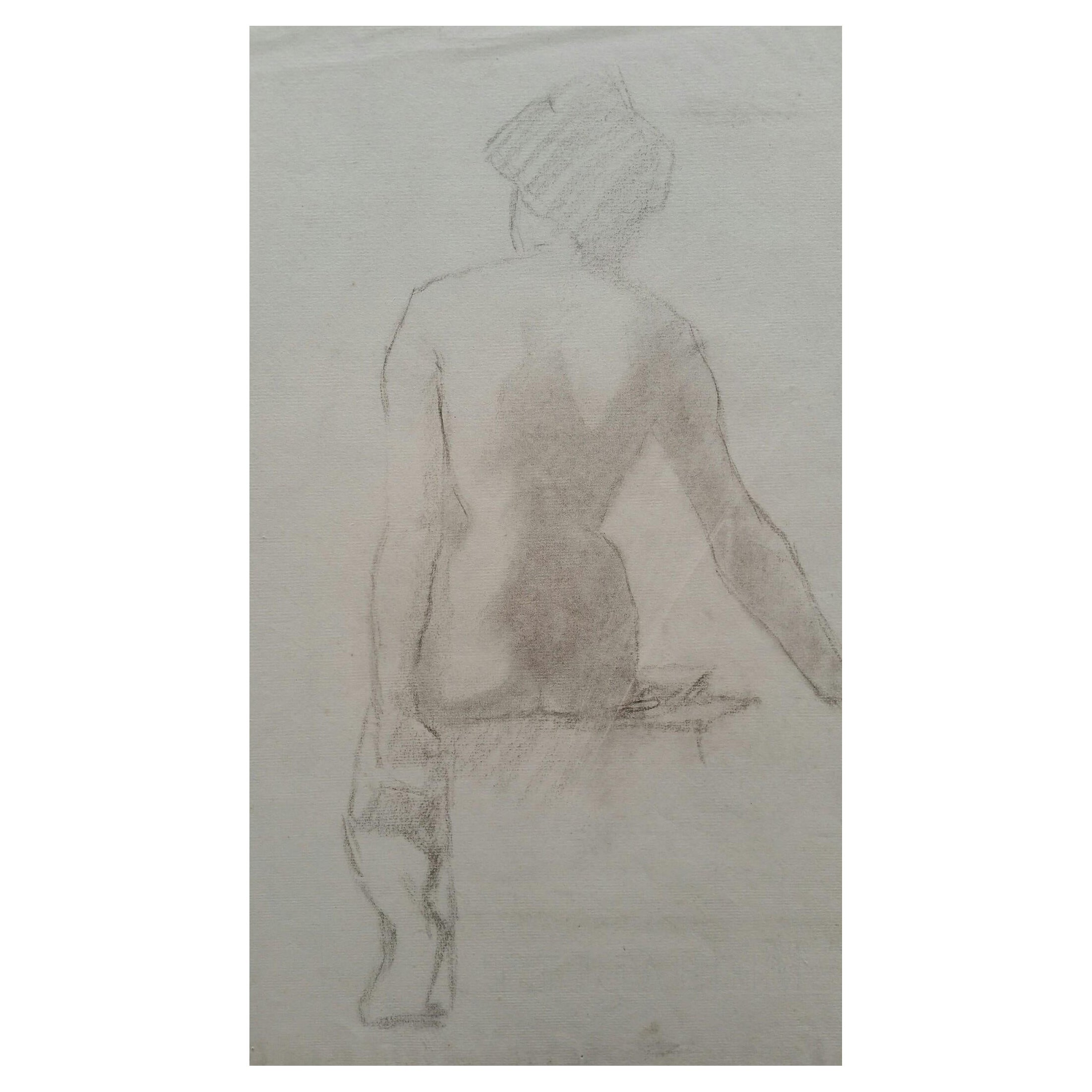 Croquis de portrait en graphite anglais d'une femme nue assise d'une vue arrière en vente