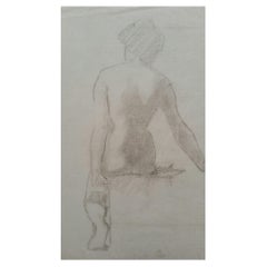 English Graphite Portrait Sketch of Female Nude Rear View Seated