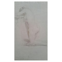 English Graphite Portrait Sketch of Female Nude, Kneeling