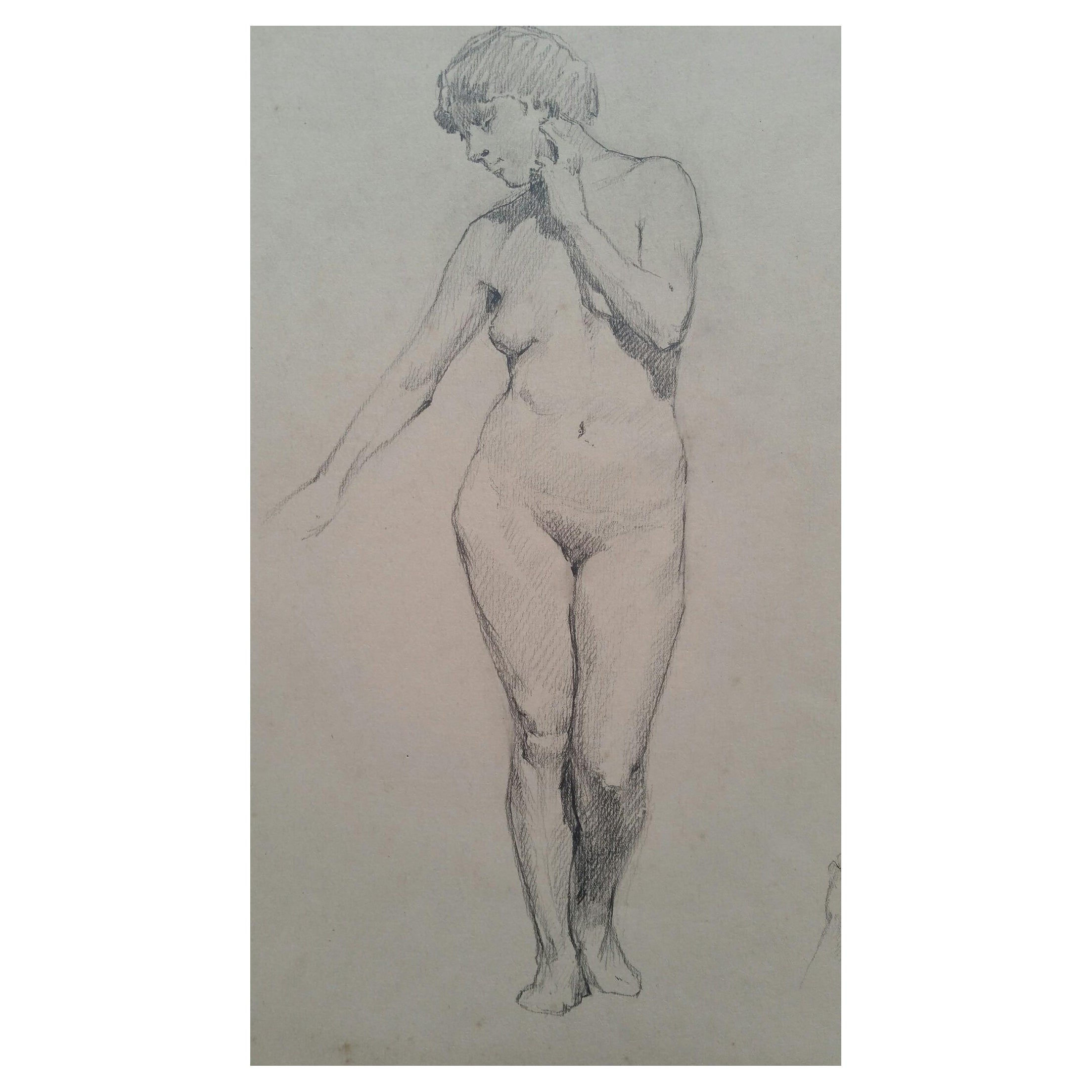 English Antique Portrait Sketch of Female Nude Standing