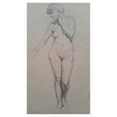 English Antique Portrait Sketch of Female Nude Standing