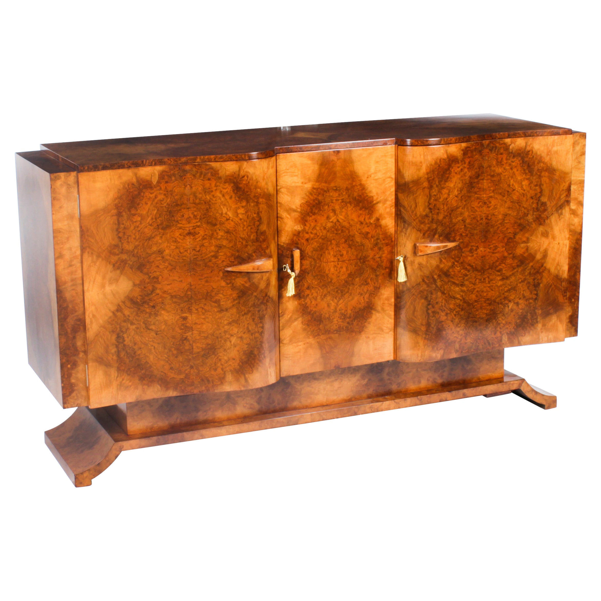 Antique Art Deco Burr Walnut Sideboard Drinks Cabinet by S Hille Co. 1920s